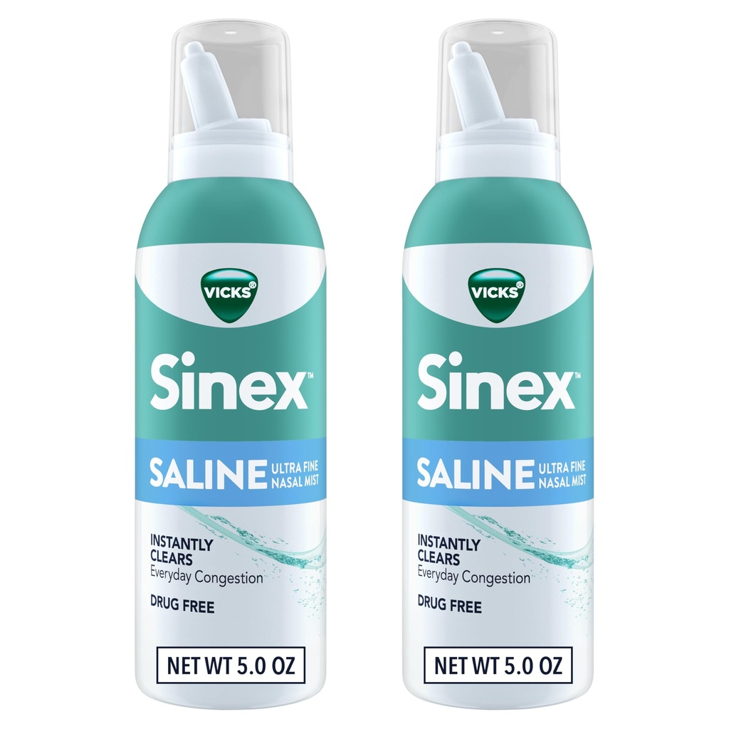 Vicks Sinex SALINE Nasal Spray, Drug Free Ultra Fine Mist, Clear Everyday Sinus Congestion Fast, Clear Mucus fra en kold eller allergi, Daglig brug 5.0 fl oz x 2