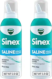 Vicks Sinex SALINE Nasal Spray, Drug Free Ultra Fine Mist, Clear Everyday Sinus Congestion Fast, Clear Mucus fra en kold eller allergi, Daglig brug 5.0 fl oz x 2