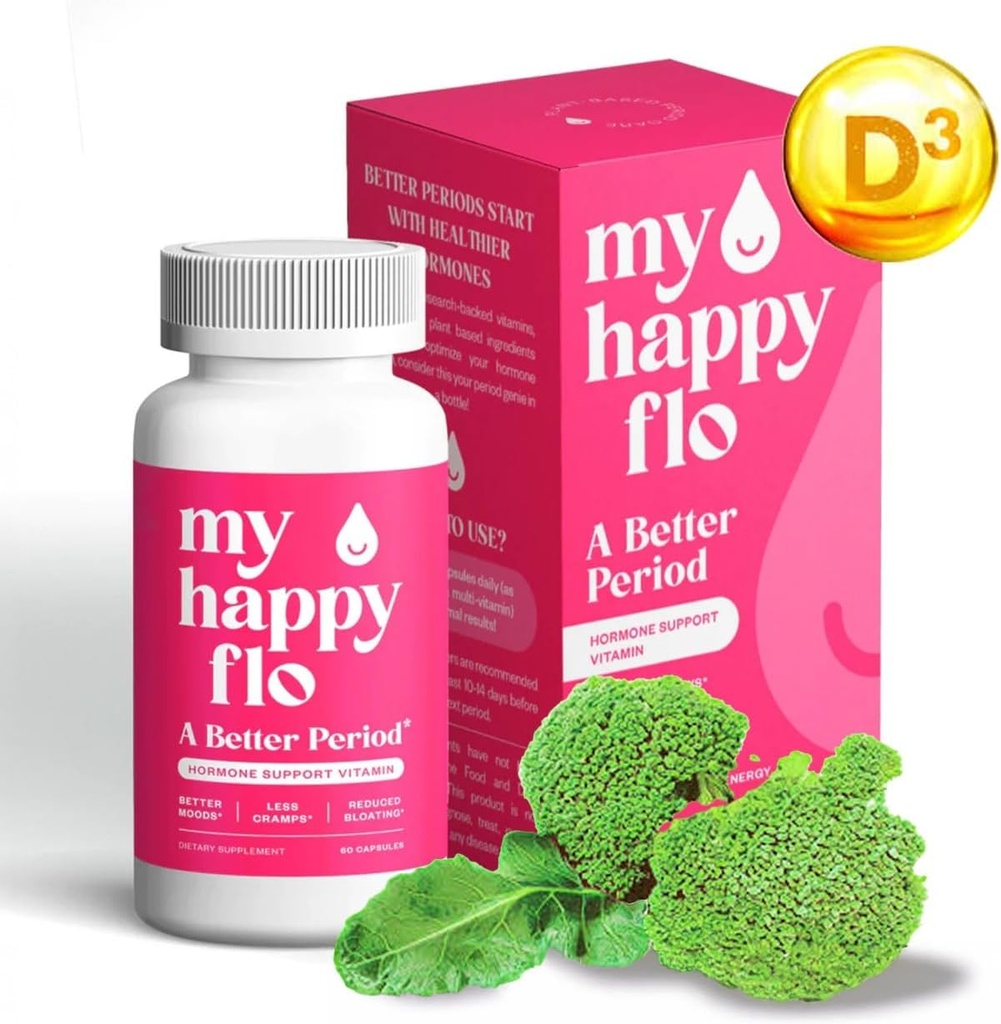 My Happy Flo PMS Support for Women with Iron, PMS Relief Hormone Support for Women, 10- in-1 PMDD Supplements for Women against 124; DIM & I3C Indole- 3- Carbinol for Cramp Relief, Heavy Flow - 60 Caps