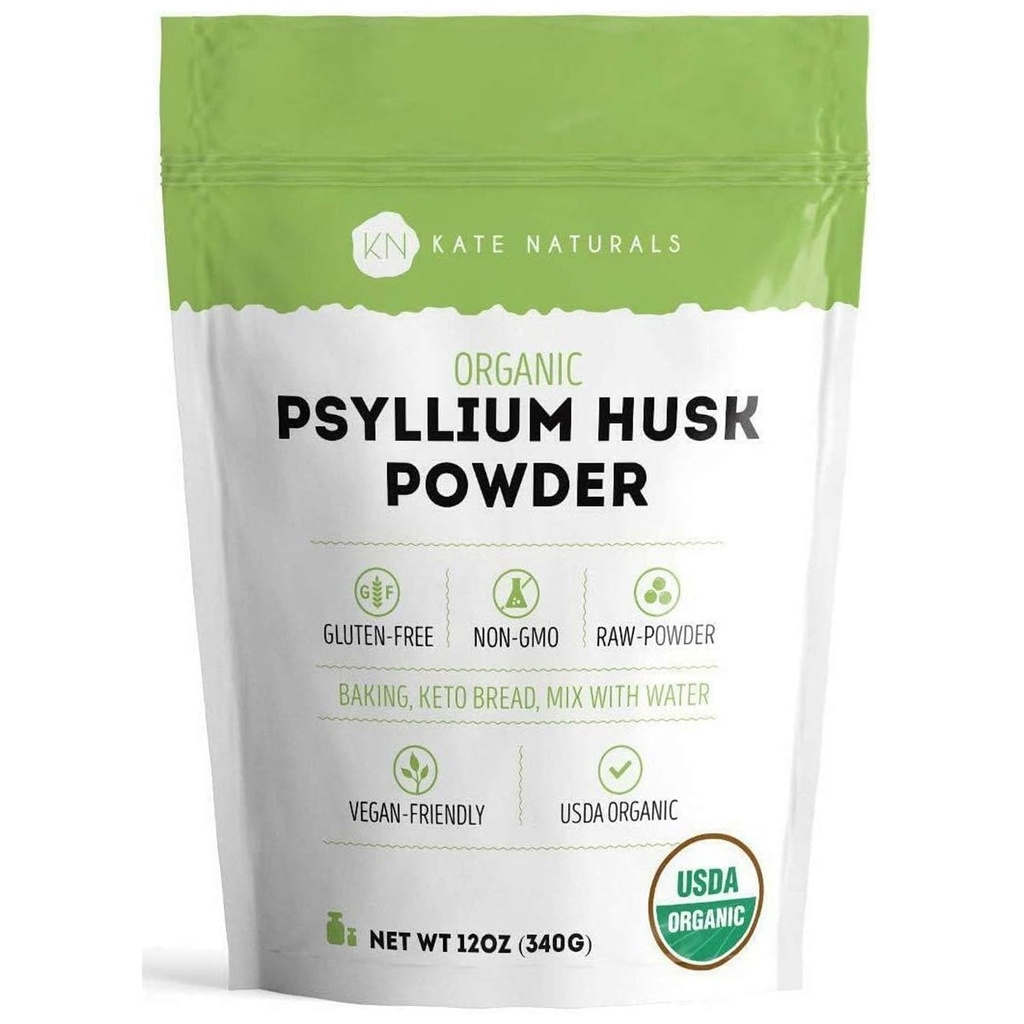 Kate Naturals Psyllium Husk pulver til bagning, Fiber & fordøjelse. Psyllium Seed Powder for Dogs & Cats (12oz, Organic, Gluten Free, Pet Safe)
