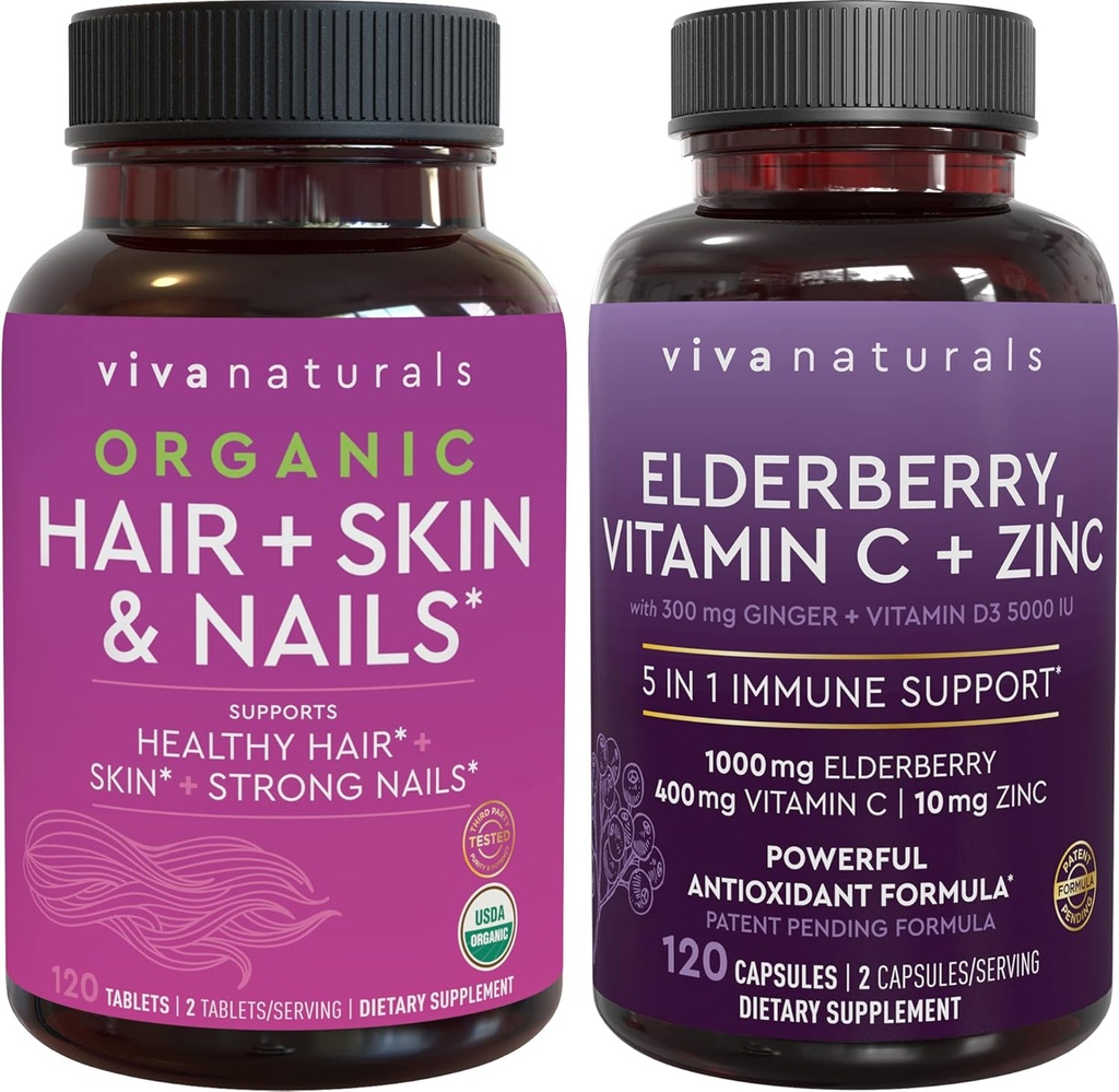 Økologisk hår hud og negle + Elderberry, C-vitamin & Zink Bundle, Lavet med Biotin 5000mcg for sundt hår, Elderberry til antioxidant & immunforsvar