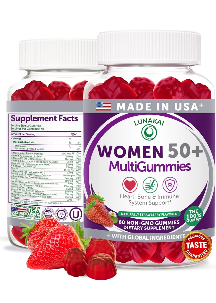 Lunakai USA Lavet 50 Plus kvinders Multivitamin Gummies - Lækker Formel Forbedret med essentielle vitaminer & mineraler til sundhed & vitalitet - 60ct