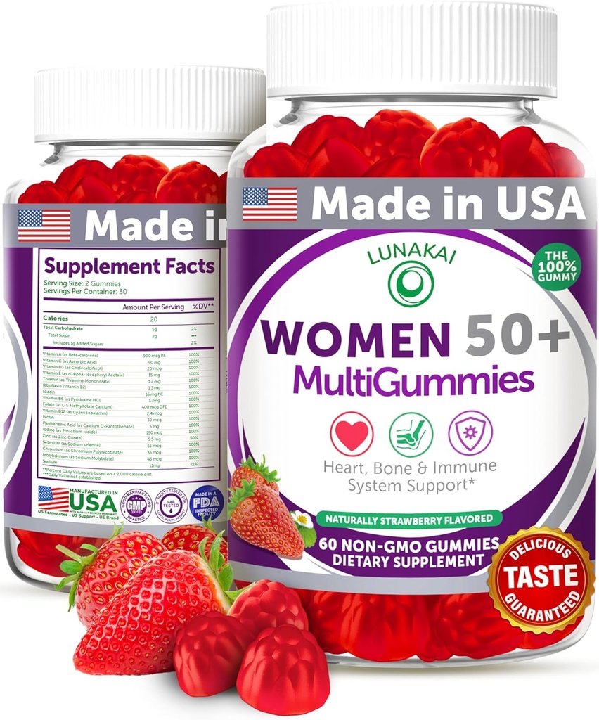 Lunakai USA Lavet 50 Plus kvinders Multivitamin Gummies - Lækker Formel Forbedret med essentielle vitaminer & mineraler til sundhed & vitalitet - 60ct