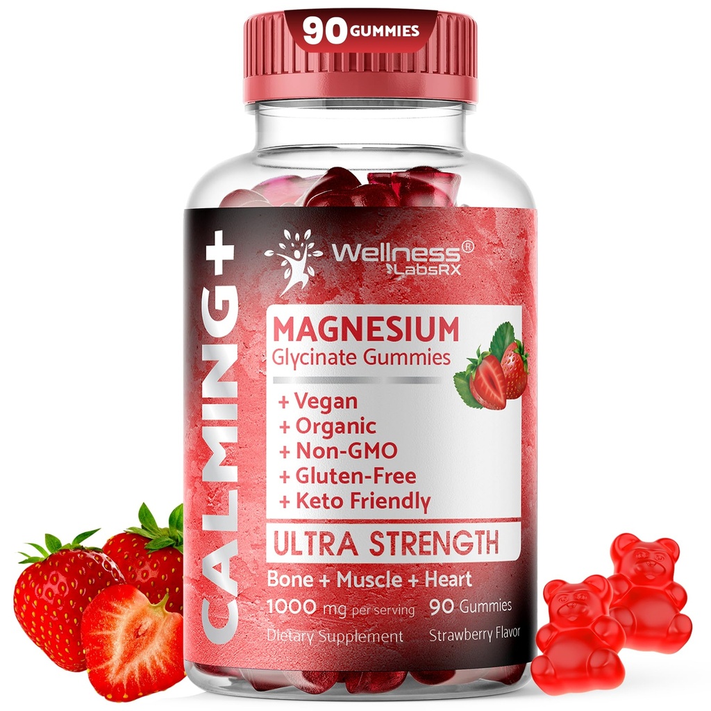 Magnesium Glycinat Gummies, 1000 mg - Magnesium supplement til støtte afslapning, hjerte sundhed - Chewable Rolig Magnesio Gummies for voksne, Glicinato De Magnesio - Strawberry Flavor