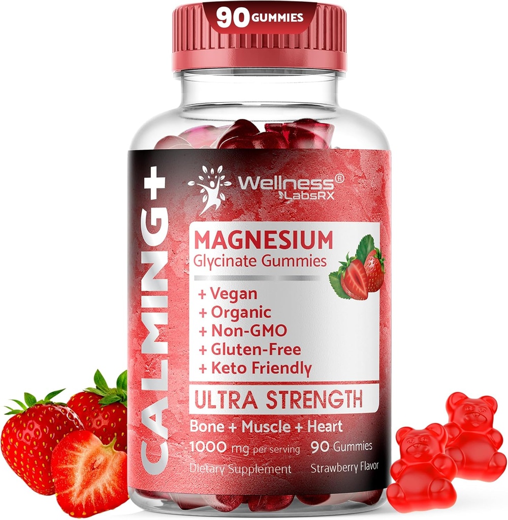Magnesium Glycinate Gummies, 1000 mg - Magnesium Supplement to Support Relaxation, Heart Health - Chewable Calm Magnesio Gummies for Adults, Glicinato De Magnesio - Strawberry Flavor