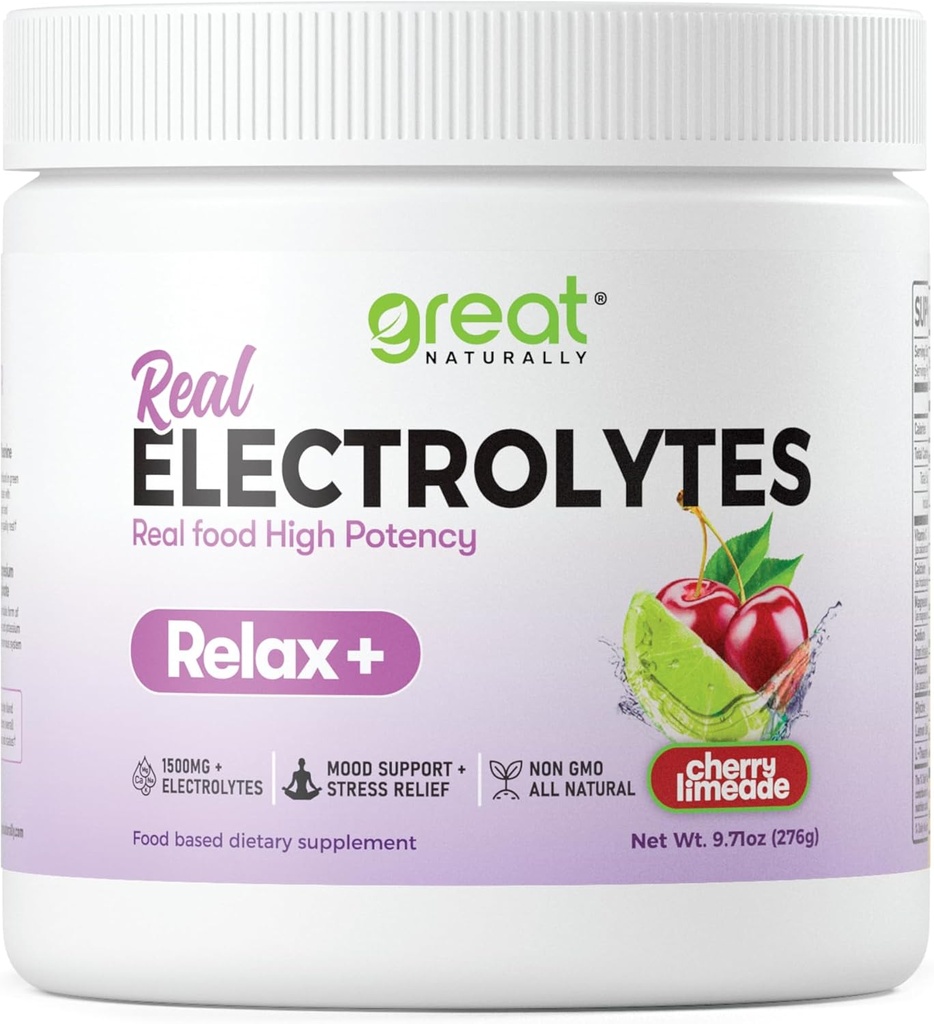 Relax + Cherry Limeade Calming Electrolyte Supplement: Hydration & Mood Support til afslapning, Stress Relief, Adrenal & Cortisol Support - Glycin, L-Theanine, Lemon Balm - USA Made