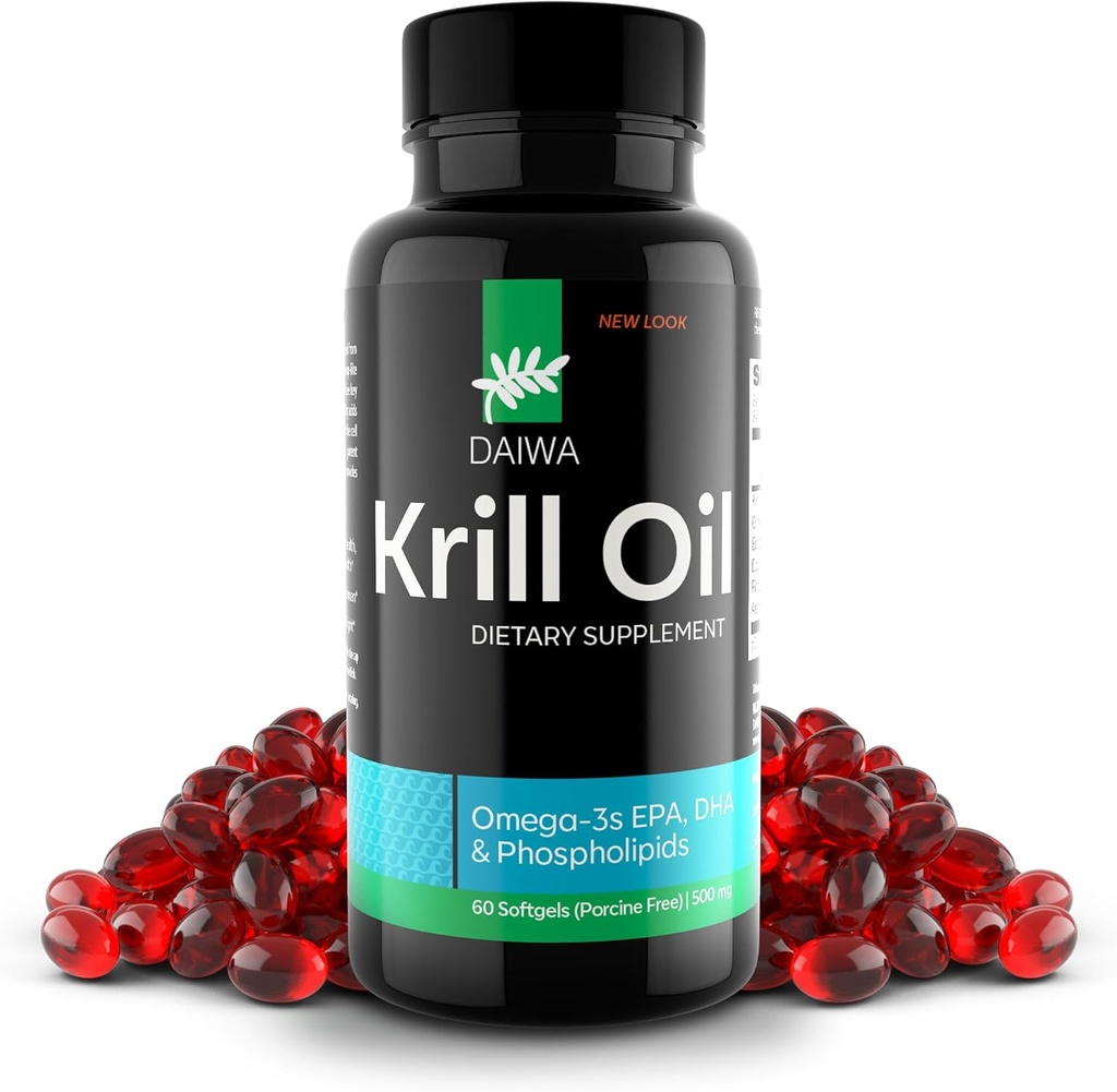 Daiwa Krill Oil 1000mg - EPA DHA Omega 3 Antarktiske krill Oil tillæg med Astaxanthin - Natural Solution for Joint, Brain Support and Heart Health - 60 / te