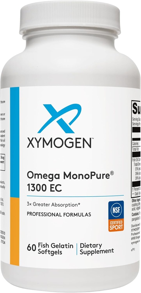 XYMOGEN Omega MonoPure 1300 EC - Fish Oil with 3X Greater Absorption - DHA EPA Omega 3 Supplement for Heart Health + Cognitive Support (60 Softgels)