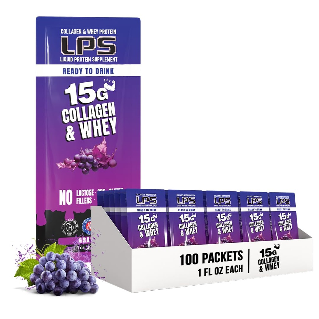 Ernæringsmæssige designs LPS flydende kollagen & whey protein supplement - ikke-GMO drik, sukkerfri - fremmer sund hud & hår til mænd og kvinder, Grape, Single Serve (100 Pakker)