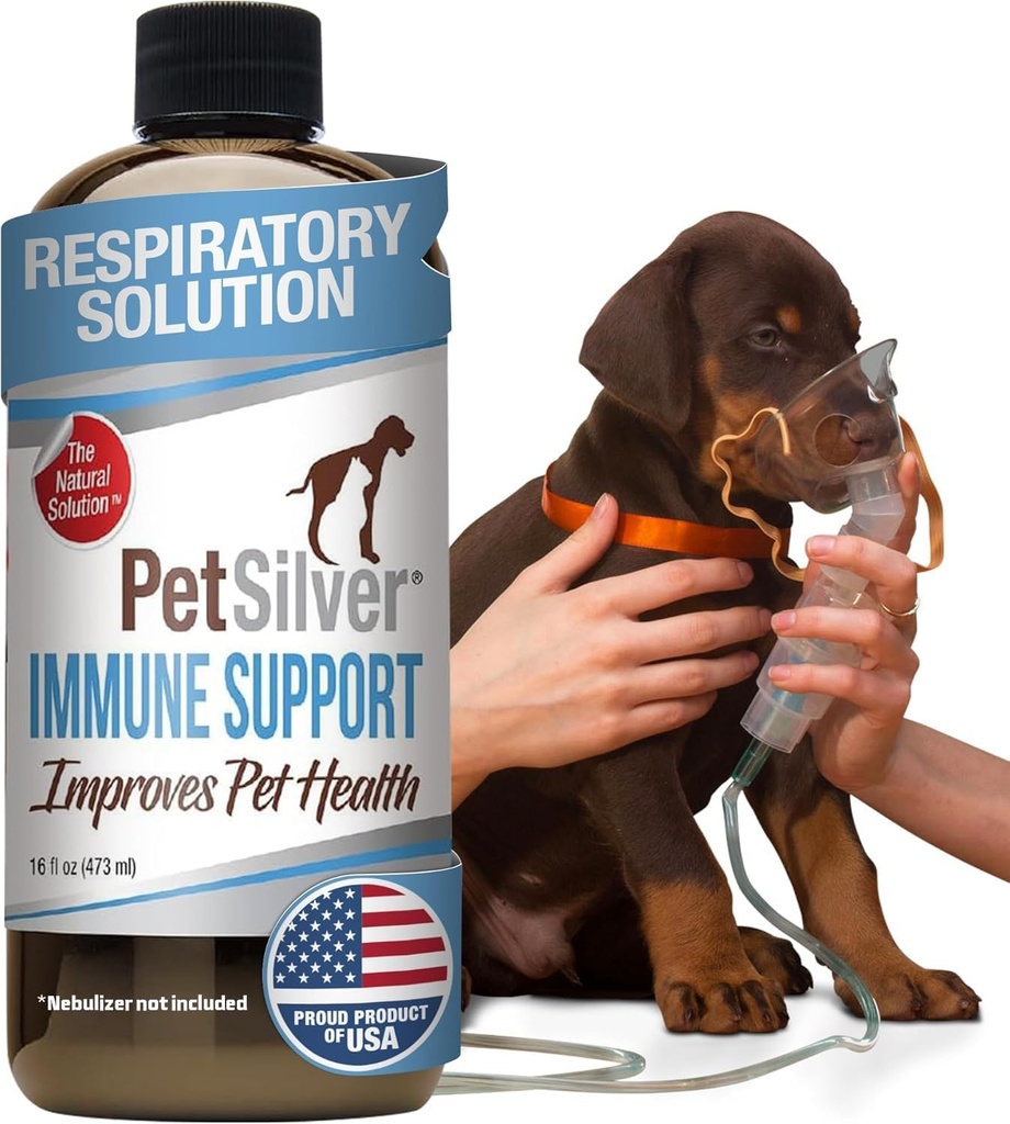 PetSilver Immunitet Support, Natural Nebulizer Solution, fremmer åndedrætssundhed i katte & hunde, Allergier, Sinus & Hough Behandling, Let at bruge, Patenteret Chelated Sølv, Made in The USA, 16 fl oz