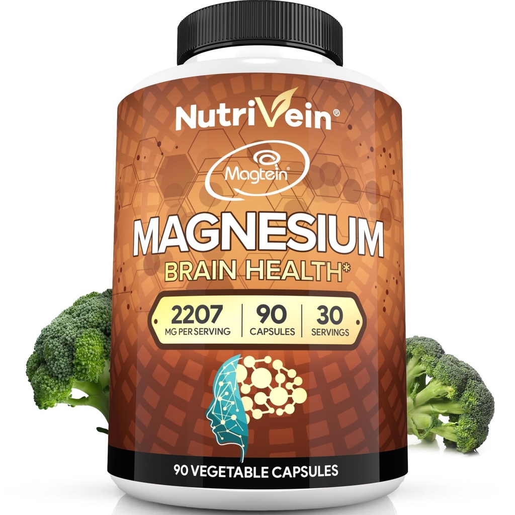 Nutrivein Premium Magtein Magnesium L- Threonat Supplement 2207 mg - 90 Caps (3 om dagen): High- Absorption Magnesium Threonat til hjerne, søvn, mood & inddrivelse
