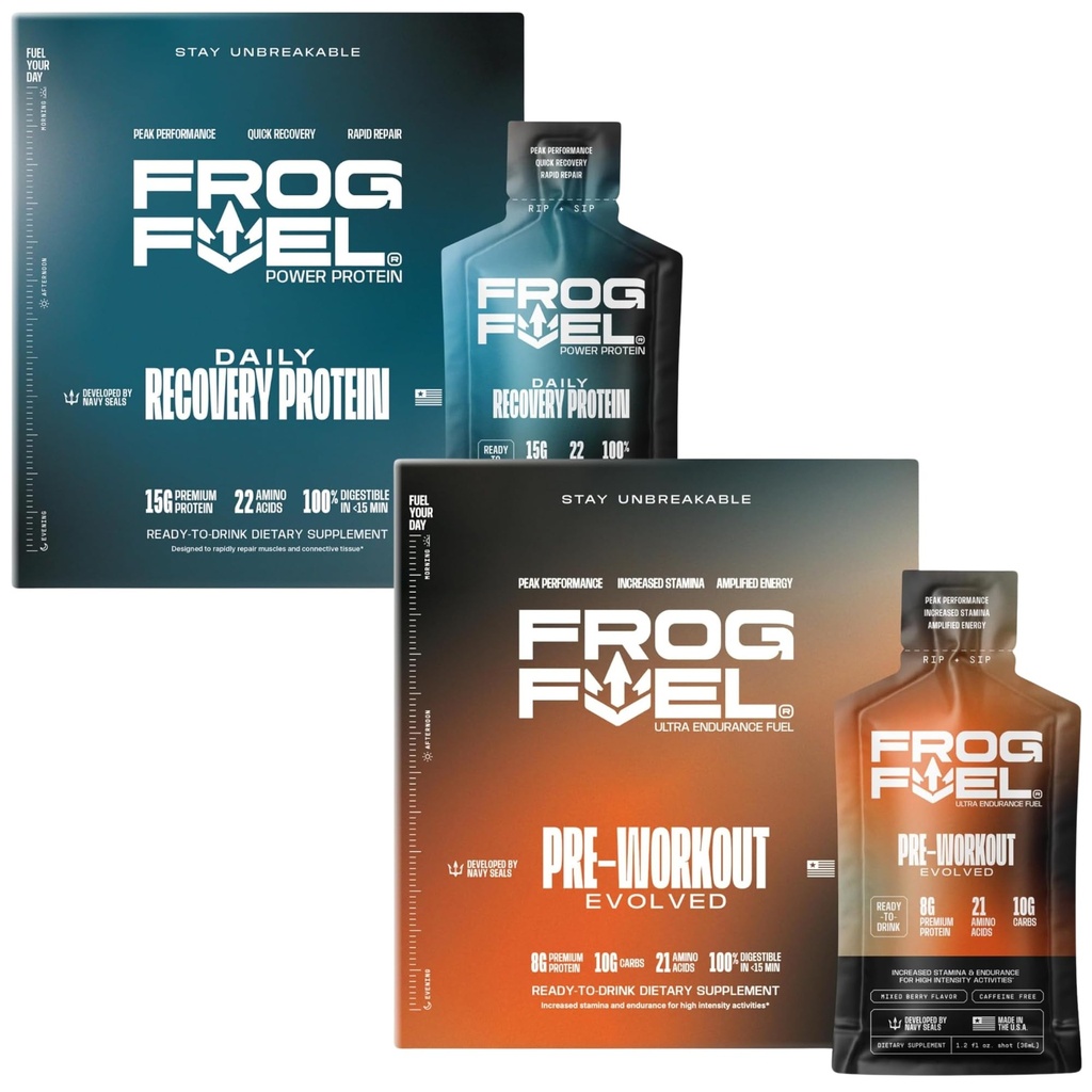 Frog Fuel Power Regular Protein & Ultra Pre Workout Shot Bundle, 1500mg Beta alanine, 15g Protein Nano- Hydrolyzed Grass Fed Collagen, Pre & Post Workout, 1.2 oz Packets, 48 Pack