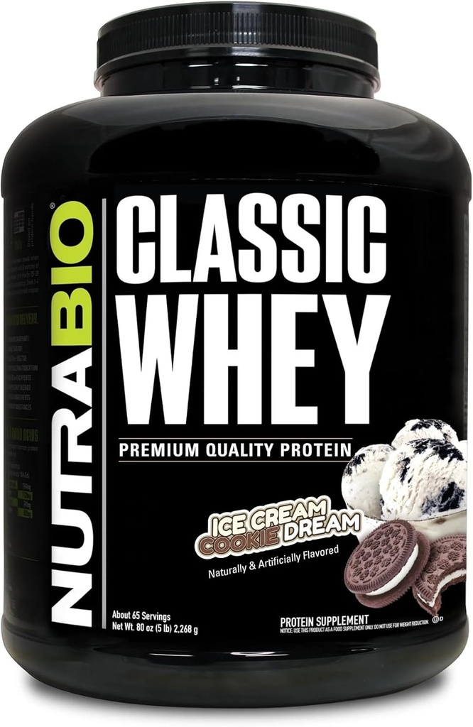 NutraBio Classic Whey Protein Powder- Full-Spectrum Amino Acid Profile - No Fillers, Artificial Colors, Preservatives - Low Glycemic Index - Ice Cream Cookie Dream, 5 Pounds