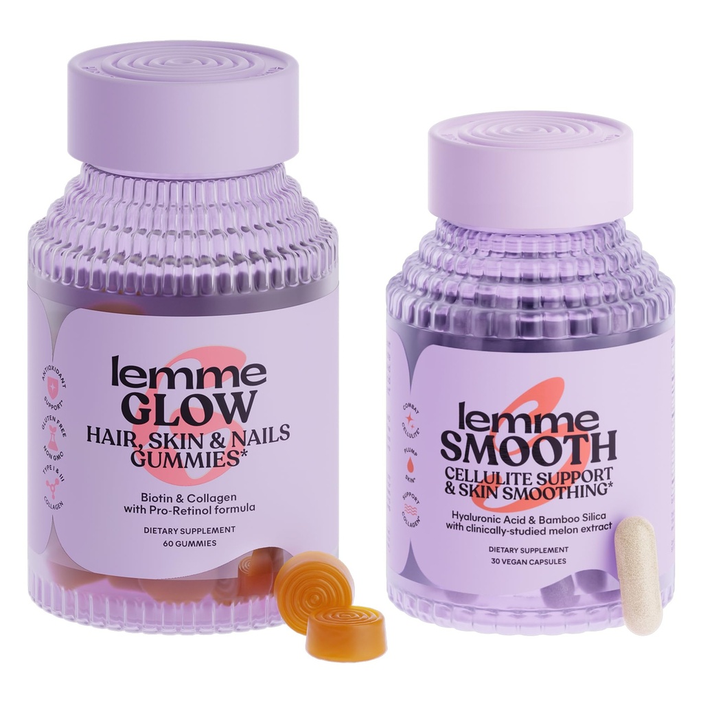 Lemme Glow Collagen hår gummies for stærk, tykt hår & reduceret afføring Glat anti cellulite kapsler til kvinder, Glat ben & lår, Reducer cellulite & cropey hud bundle