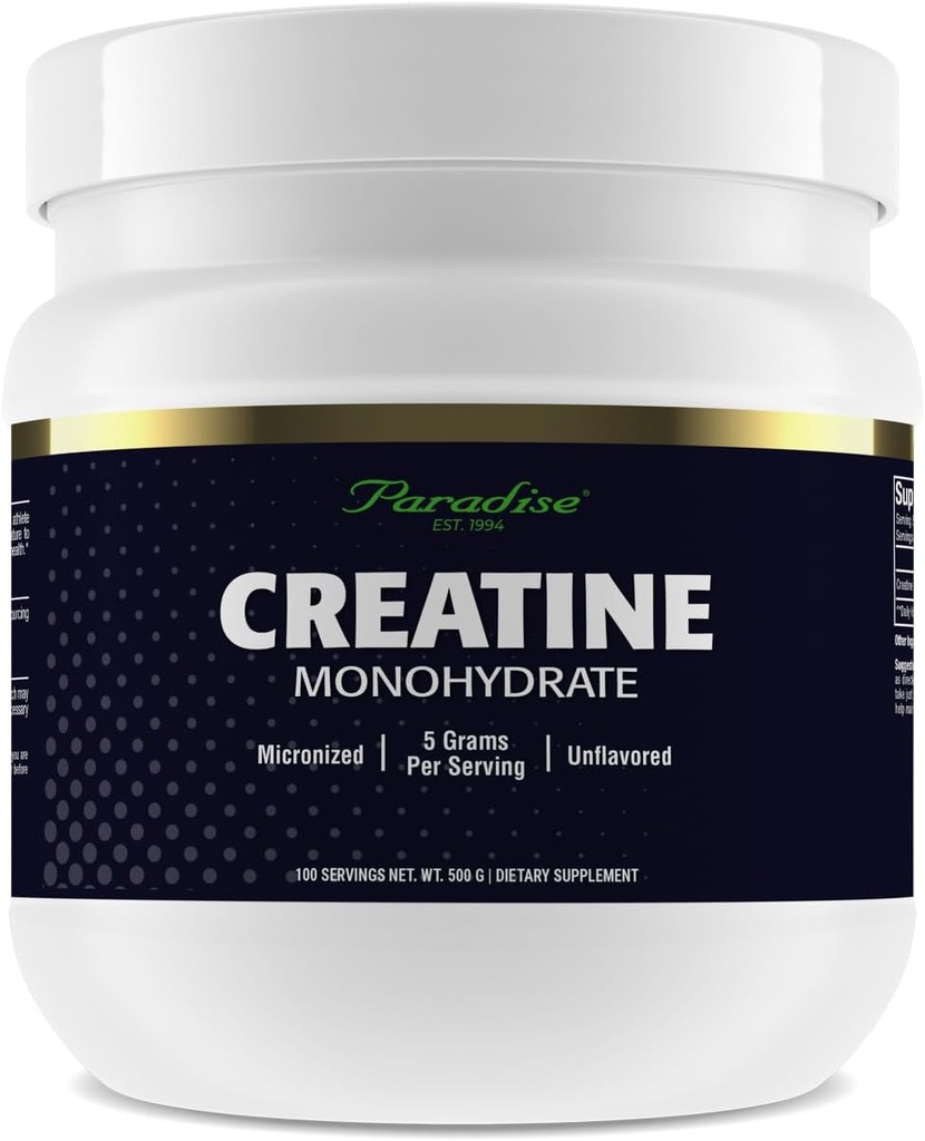 Paradise Creatinine Monohydrat Powder, Mikroniseret for forbedret absorption, Understøtter muskeltræning & atletisk ydeevne, 500g, 100 Servere