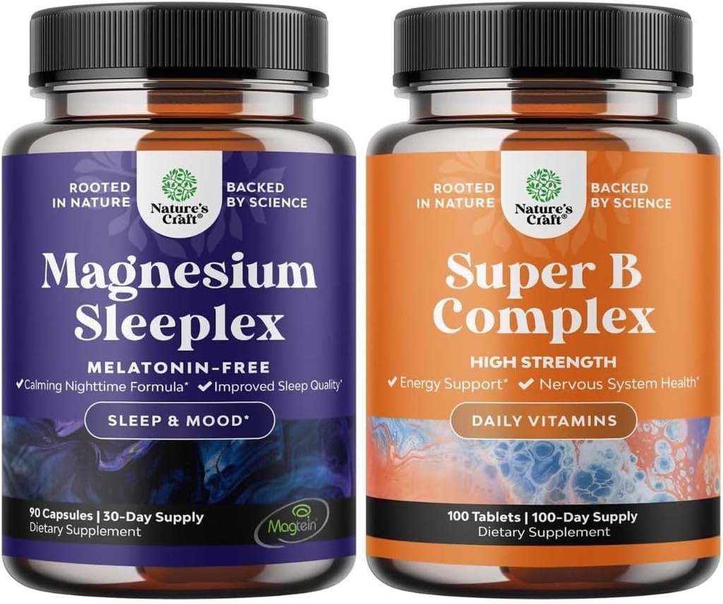 Bundle of High Absorption Magnesium Sleep Supplement - Melatonin- Free Calm Magnesium til søvn og B-vitamin Complex Voksen Multivitamin til immunforsvar Mood Boost og hukommelse supplement
