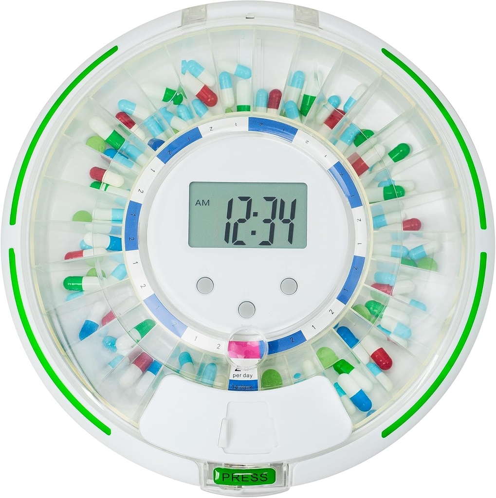 Automatic Pill Dispenser til ældre med Alarm, Lock 28- Day Medication Dispenser, 6 Dosering Skabeloner, Sound & Light Alerts & Key for Vitamin, Kosttilskud (Clear Lid)