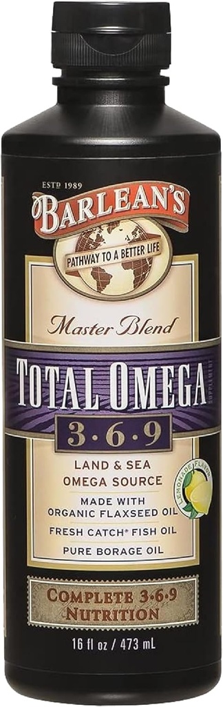 Barlean 's Total Omega 3 6 9 Liquid Fish Oil Supplement med Borage og Flaxseed Oil 6,468 mg Omegas EPA, DHA, ALA og GLA for Joint and Heart Health, 16 oz