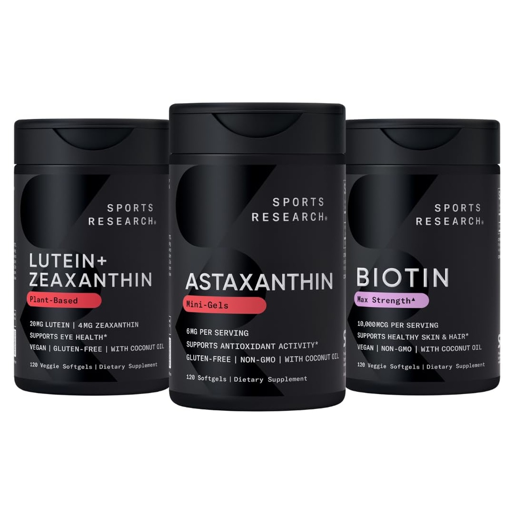 Sports Research Biotin (B7) 10,000mcg + Lutein + Zeaxanthin (20mg) + Astaxanthin Supplement fra Algae (6mg) - All Vegan Measures 124; 120 Softgels Hver measures 124; All Made with Coconut Oil for Better Absorption
