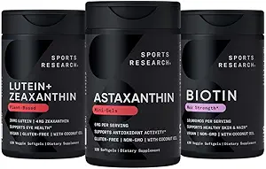 Sports Research Biotin (B7) 10,000mcg + Lutein + Zeaxanthin (20mg) + Astaxanthin Supplement fra Algae (6mg) - All Vegan Measures 124; 120 Softgels Hver measures 124; All Made with Coconut Oil for Better Absorption