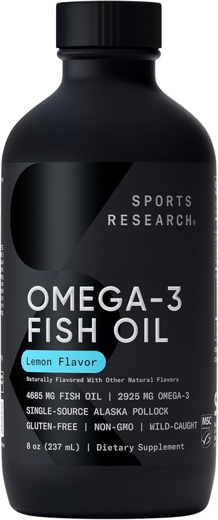 Sport Research ® Omega-3 Fish Oil 4685mg - Sourced from Wild Caught Alaska Pollock - Natural Lemon Flavor, MSC Certified Sustainable - 8oz (48 Servere)