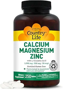 Country Life Calcium Magnesium Zink med L- Glutaminsyre, Kosttilskud til benstøtte, Certificeret Gluten Free, 1000mg / 500mg / 50mg, 250 tabletter