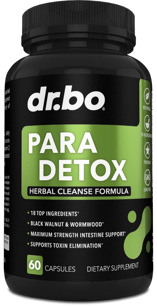 DR. BO para Cleanse Human Detox Guard - Intestinal Pills Support til mennesker - Pro Gut Health Intestine Supplement Mave til voksne - Urteormtræ Sort valnød Complex & Cloves - 60 kapsler