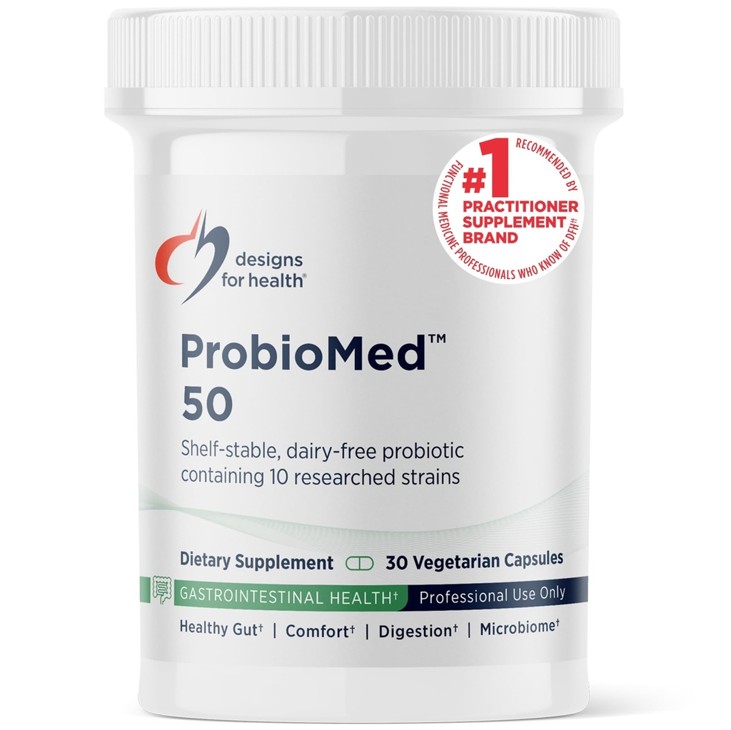 Design for Health ProbioMed 50 - Probiotika til fordøjelse - 10 Strops med Lactobacillus acidophilus Probiotic + Lactobacillus rhamnosus - Gut Health + immunsupporttillæg (30 Caps)