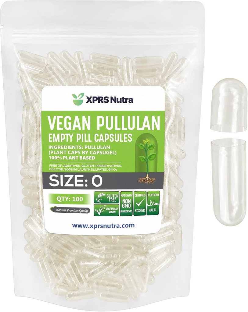 XPRS Nutra Størrelse 0 Pullulan Tomme kapsler - 100 Grev ren etiket Plantcapts Clear Tomme Vegan kapsler - Premium Vegetar piller - Do- It- dig selv Vegetabilsk Capsule Fyldning