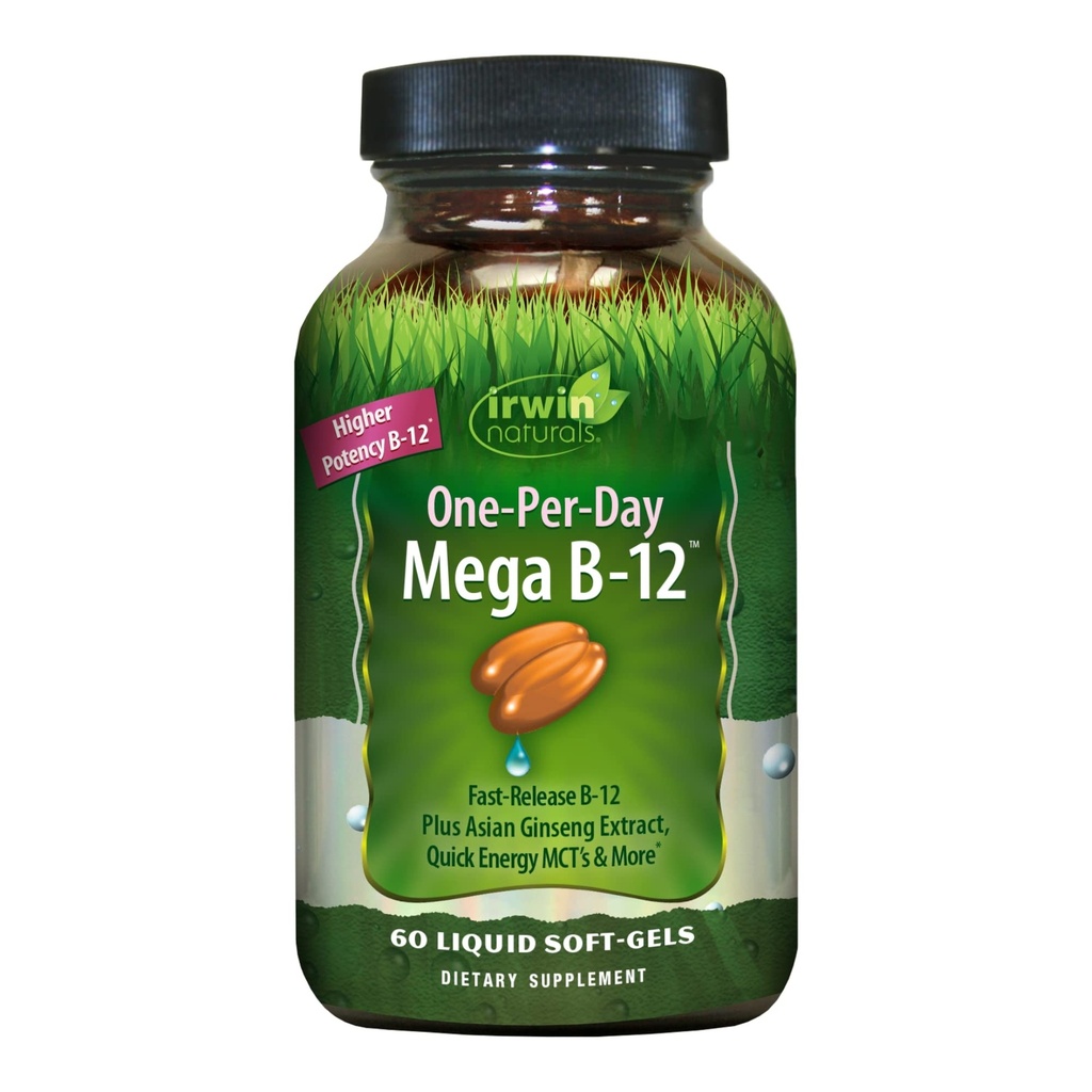 Irwin Naturals One- Per- Day Mega B- 12 1.500mcg højpotens methylcobalamin Vitamin - Hurtig forbedret absorption med MCT + Asian Ginseng - Natural Energy Boost - 60 flydende bløddele