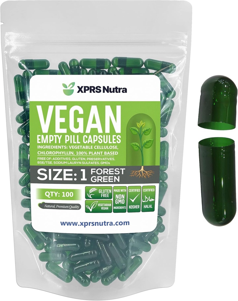 XPRS Nutra Størrelse 1 Tomme kapsler - 100 Tomme Veganske kapsler - Vegetariske piller - DIY vegetabilsk kapsel Filling- Veggie Pill Caps til Do- It- Yourself Kosttilskud (Forest Green)