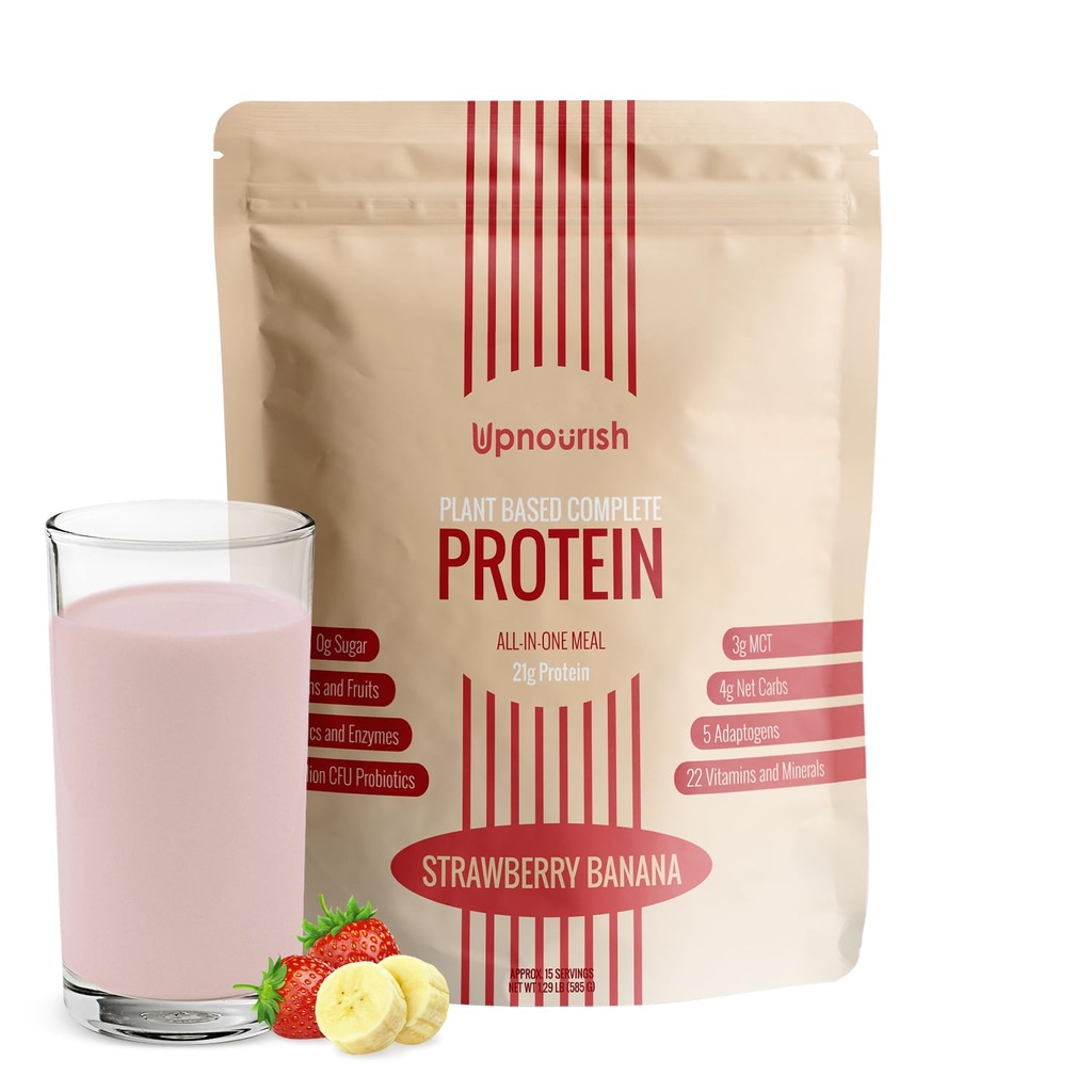 UpNourish Strawberry Banana Vegan Protein Powder 54 Superfoods Powder, 1,5 Millioner CFU Probiotika 21g Plantebaseret Protein, Ingen Sukker Ingen Mælk Ingen GMO Dairy Free, Meal Erstatning Shake Keto- Friendly Low- Carb Diet, 15 Servere