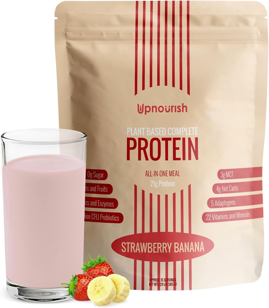 UpNourish Strawberry Banana Vegan Protein Powder 54 Superfoods Powder, 1,5 Millioner CFU Probiotika 21g Plantebaseret Protein, Ingen Sukker Ingen Mælk Ingen GMO Dairy Free, Meal Erstatning Shake Keto- Friendly Low- Carb Diet, 15 Servere