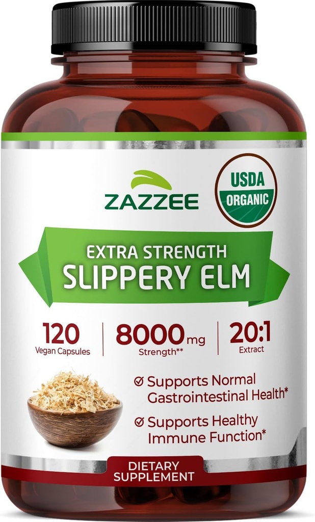 Zazzee USDA Organic Slippery Elm Bark 20: 1 Extract, 8000 mg Strength, 120 Vegan Capsules, 4 Måned Supply, Standardized, Concentrated 20X Extract, 100% Vegetar, All- Natural, Non- GMO, Made in the USA