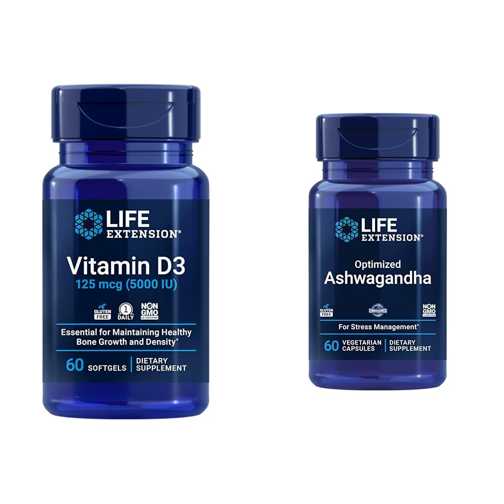 Life Extension D3 5000 IE, Ashwagandha - Stress Relief, Focus, Memory, Mood Support - Non- GMO supplement Bundle