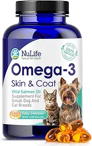 Omega 3 Fiskeolie til små hunde og katte - Pet Fish Oil supplement med DHA & EPA fedtsyrer til sund hud og kappe - Forbedrer afføring & lindring Tør, Itchy Hud - 500mg - 120 kapsler