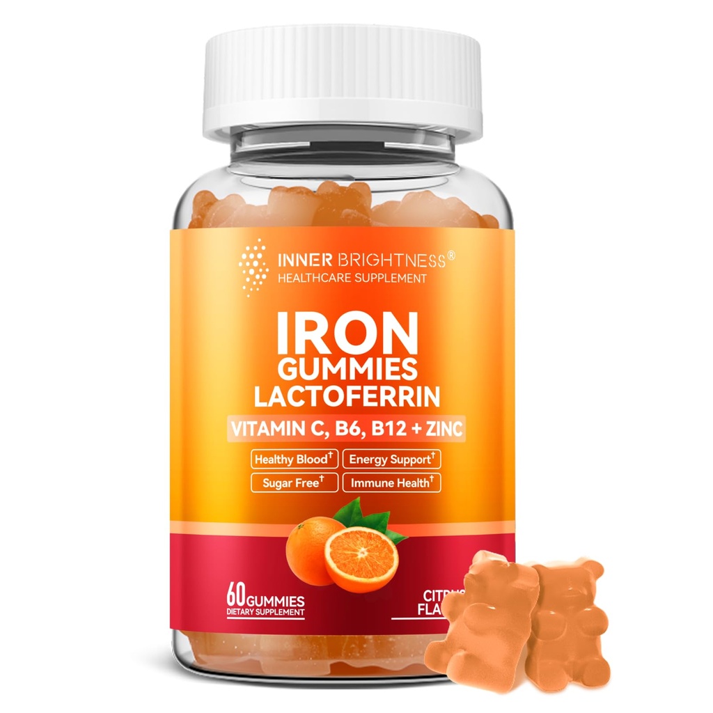 Iron Supplement Gummies with Lactoferrin, Vitamin C, B6, B12 & Zinc – Gentle, Vegan, Sugar-Free – Supports Healthy Blood, Immune Health & Energy – for Women, Men & Kids – Orange Flavor, 60 Count