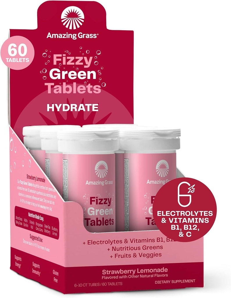 Amazing Grass Electrolyte Tablets, Fizzy Greens vand smag tabletter med vitaminer, Hydrate Strawberry Lemonade, 10 Greve (pakke med 6) (Packaging May Vary)