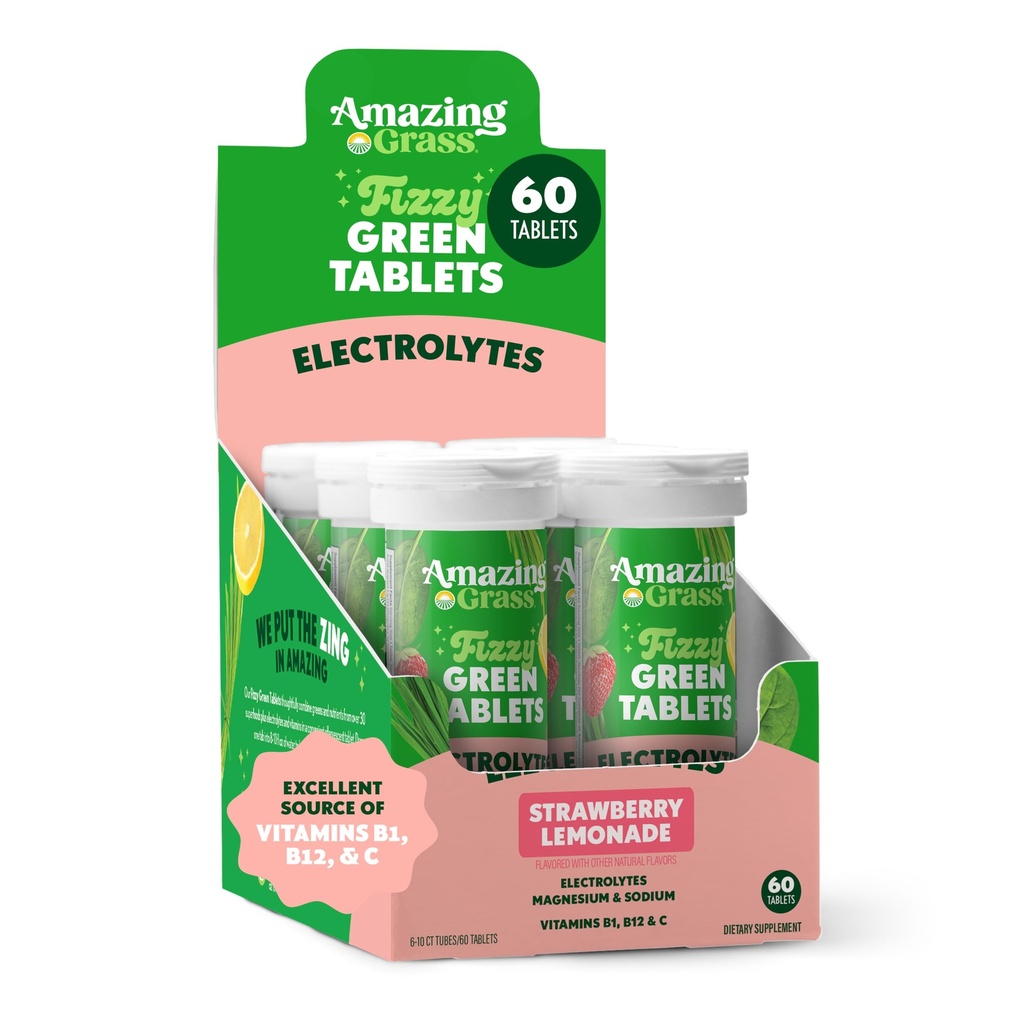 Amazing Grass Electrolyte Tablets, Fizzy Greens vand smag tabletter med vitaminer, Hydrate Strawberry Lemonade, 10 Greve (pakke med 6) (Packaging May Vary)