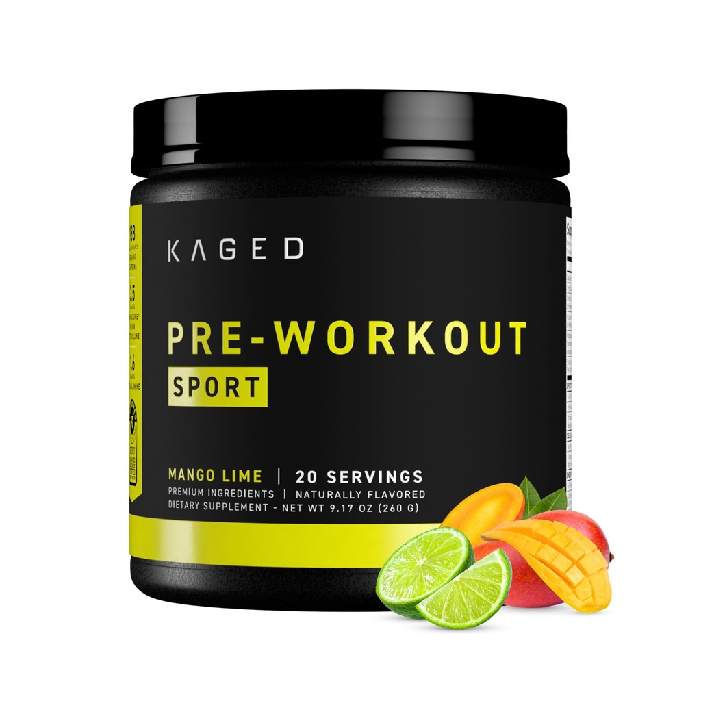 Kaged Sport Pre Workout Powder til mænd og kvinder, Mango Lime, Sport Certified, 188mg Koffein, nitrogenoxid supplement, Beta-alanin til energi, Vægtløftning, Cardio Endurance & Styrke, 20 Serveringer