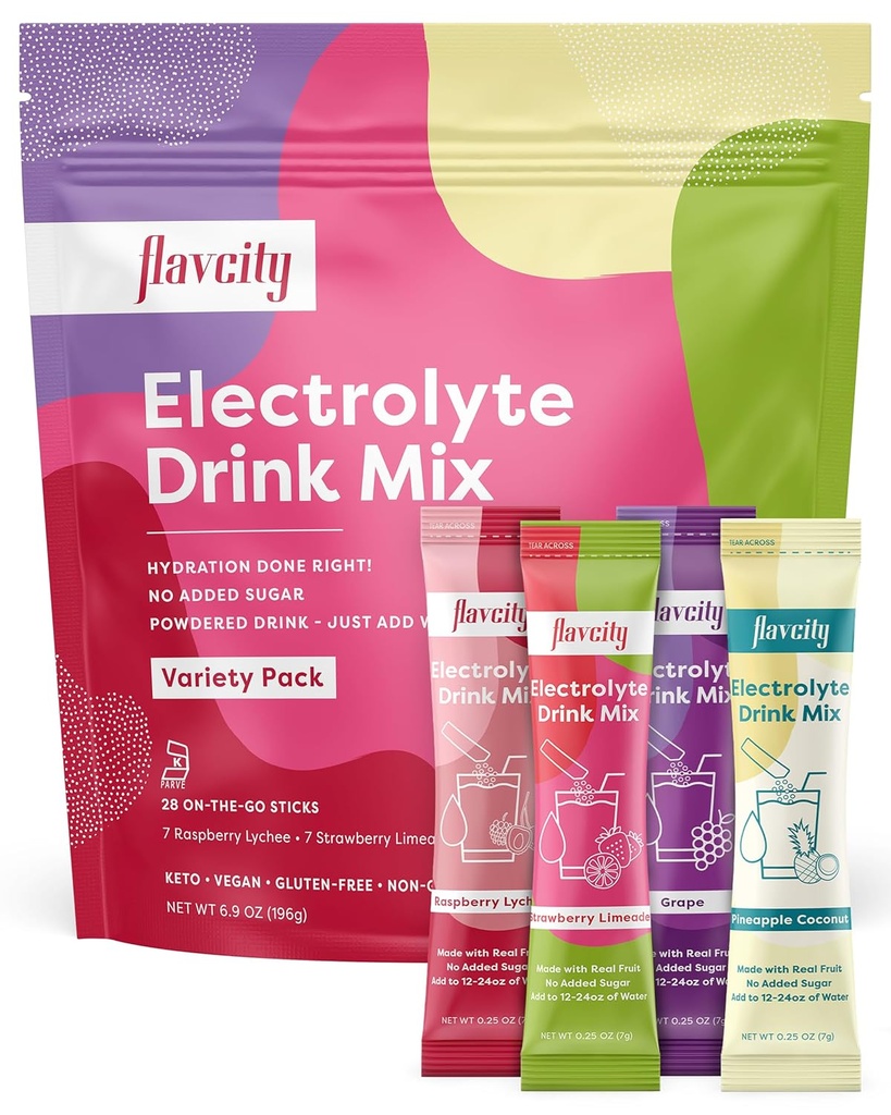 FlavCity Electrolytes Drink Mix, Variety Pack, 28 On- The- Go Stick Packs - Sunde Electrolytes Powder Packs Made with Real Fruit - Keto Poweded Drink with No Added Sugar, Gluten- Free