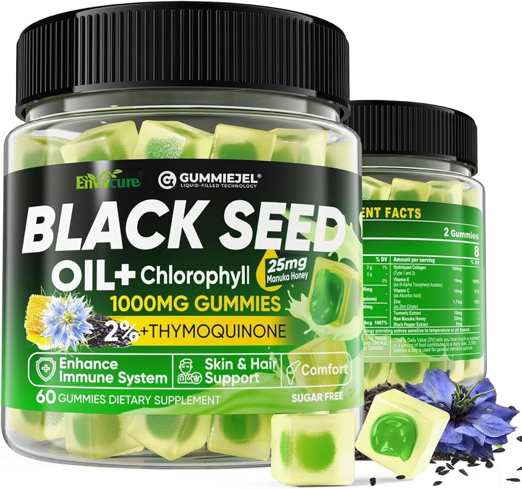 Black Seed Oil Gummies & Chlorophyll, Biotin 500mcg med hydrolyseret collagen, Rå Manuka honning, Organic Cold Pressed - Ultimate Absorption for hud, hår & negle, fordøjelsesbesvær, Samlet sundhed, 1 pakke