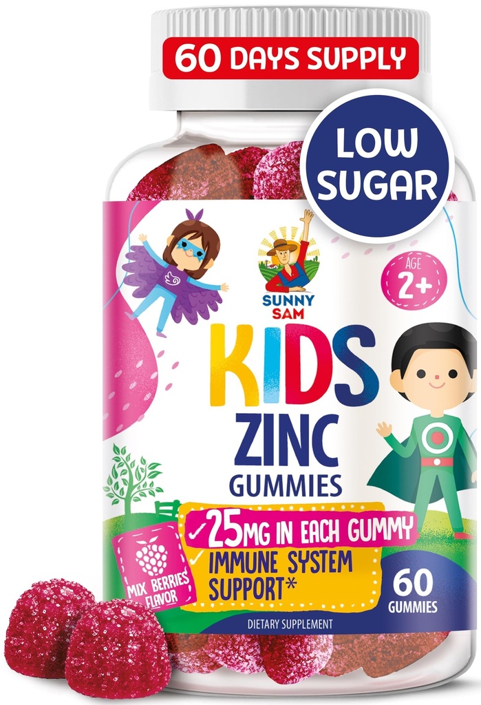 Zinkgummier til børn - Chewable Zink Gummy supplement til børn immunforsvar - Lavt sukker naturlige antioxidant Non- GMO Vitamin tyggere til tandlæger & Teens - 60 Gummies