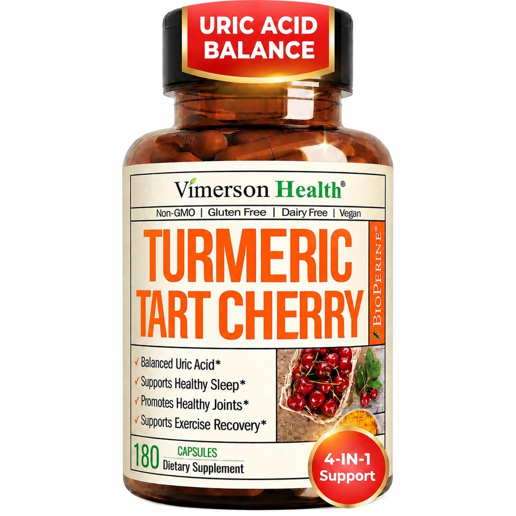 Tart Cherry Capsules – 4-in-1 Turmeric Tart Cherry Supplement for Uric Acid Balance & Joint Health – 10:1 Tart Cherry Extract Capsules with Celery Seed, Turmeric Curcumin & Black Pepper –180 Count