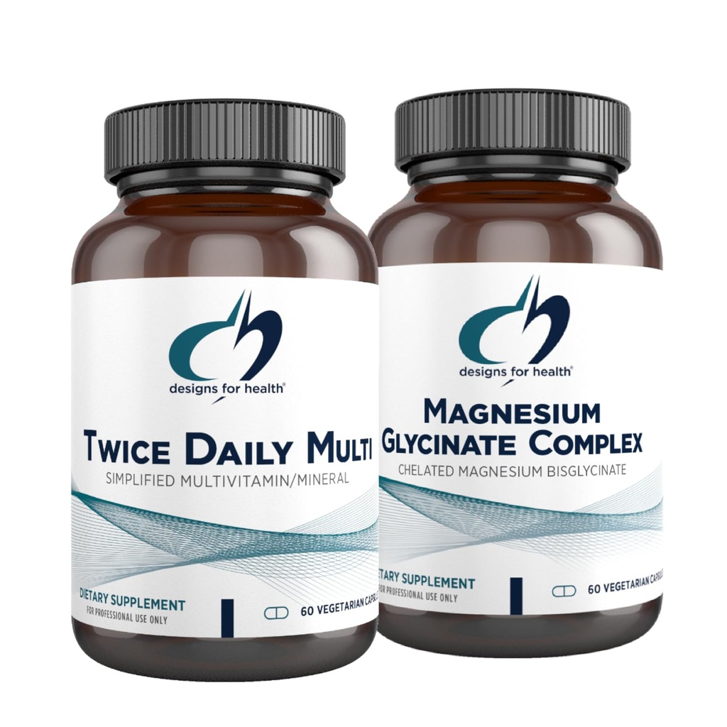 Design for sundhed Magnesium Glycinate Complex (60 kapsler) & to gange dagligt Multi (60 kapsler) Bundle - Premium Multivitamin med Folate & High Absorption Magnesium supplement