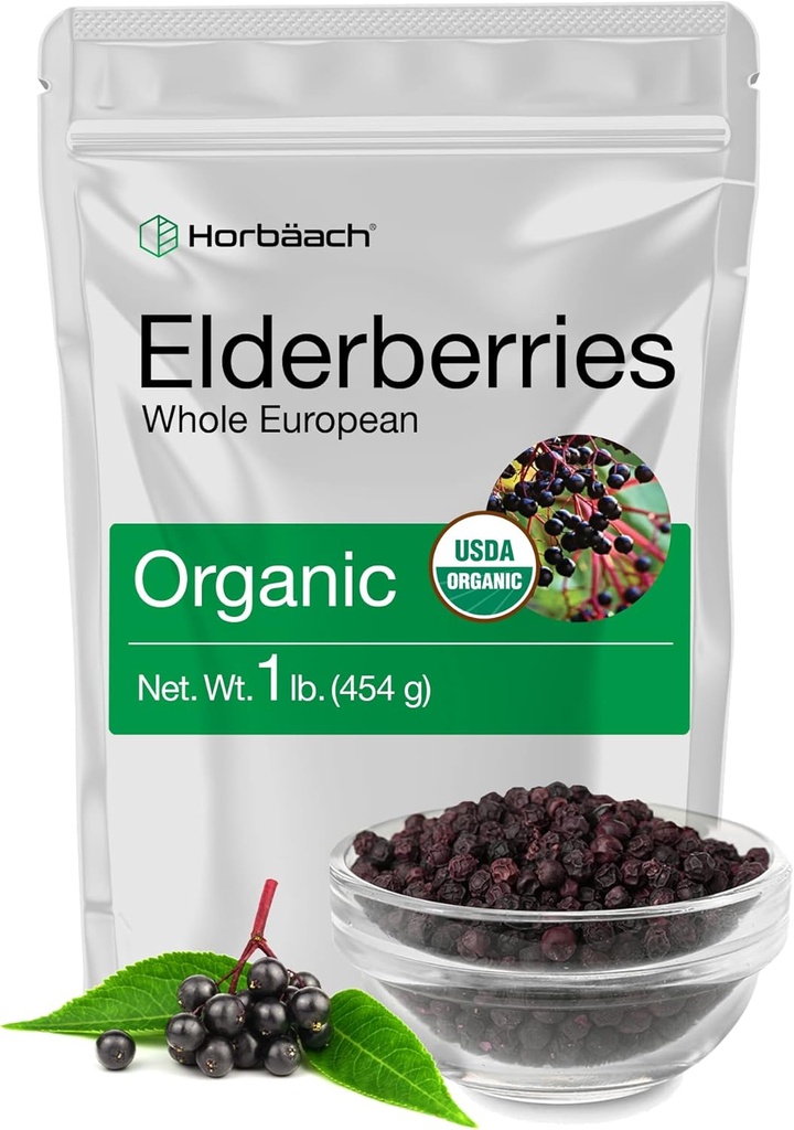 Horbäach Elderberries Tørret Økologisk Mezzogiorno 124; 1 LB Bulk Bag Mezzogiorno 124; Hele europæisk Mezzogiorno 124; Non- GMO, Gluten Free Mezzogiorno 124; Sambucus Nigra