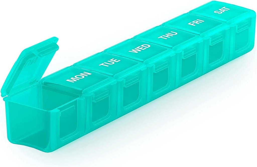 Sukuos Ekstra Stor Ugentlig Pill Organizer, 7 Dag Daglig Pill Box Case Gigt Friendly, Silkscreen Printed Medicine Container med klar låg til vitaminer, fiskeolier eller kosttilskud (Cyan)
