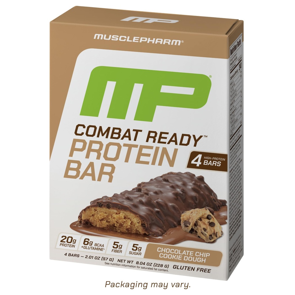 Muscle Pharm Combat Ready Chocolate Chip Cookie Dough Protein Bar,High Protein Bars,Combat Cravings,Fuel Performance & Meet Energy Demands,20g Protein from Whey Protein,5g Fiber,Gluten Free,4 Bars