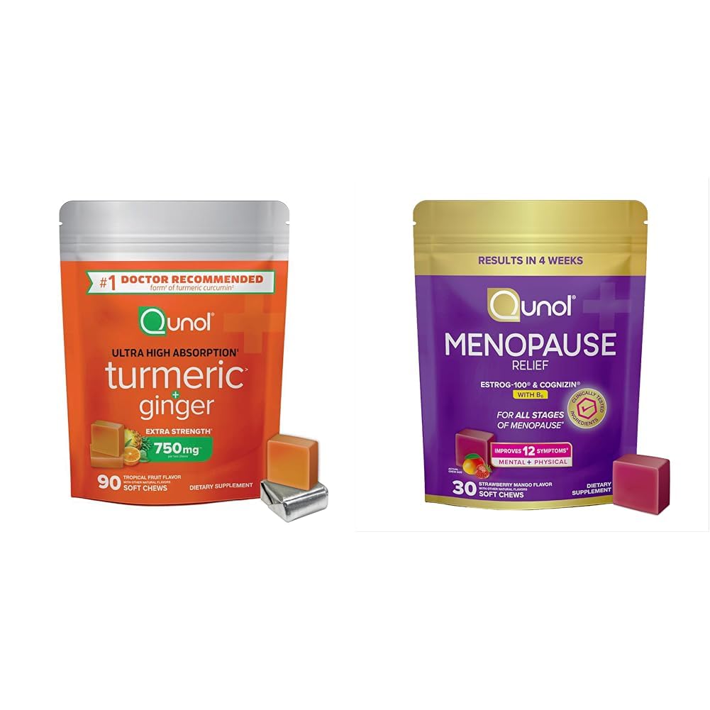 Qunol Turmeric and Ginger 750mg Soft Chews, 90 Count + Menopause Relief + Vitamin B6 Soft Chews, 30 Count