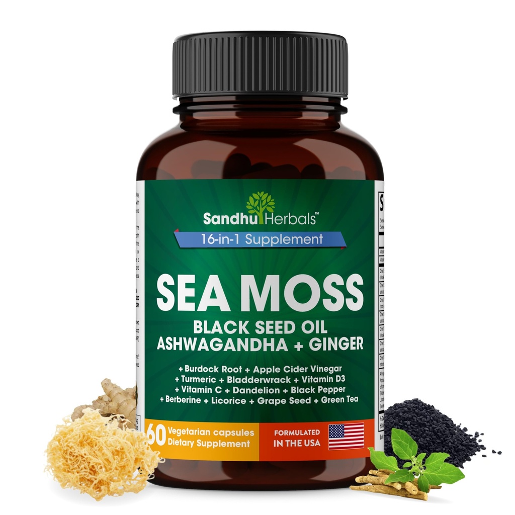 SANDHUHERBALS Sea Moss Kapsler med Black Seed Oil Ashwagandha Ginger Burdock Root 124; Advanced Seamoss 60 Greve